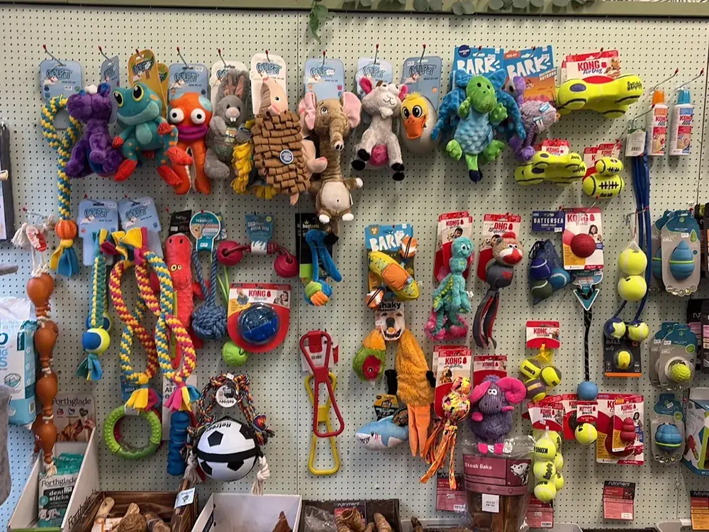Toy wall at Paws'n'Moors — Kong, BARK and Petface plushes, rope tugs and balls.